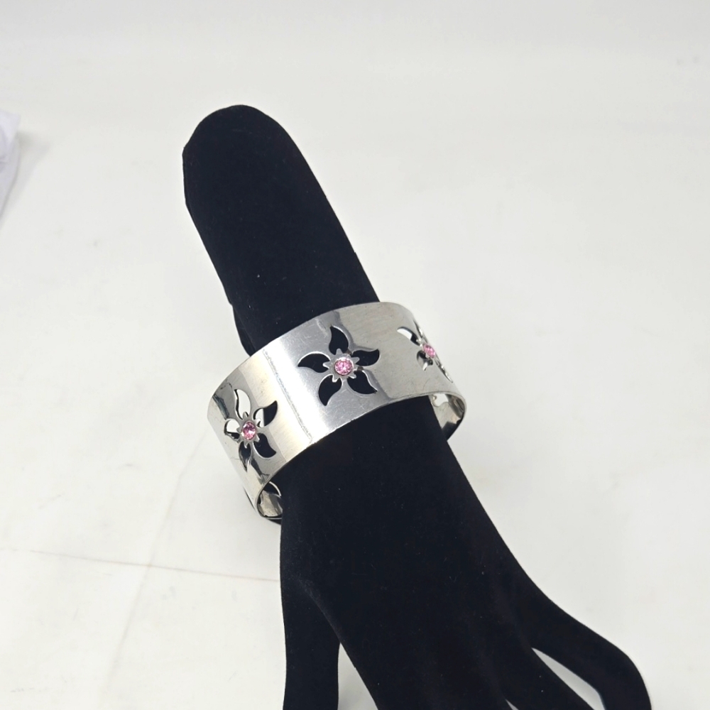 Silver and Pink Flower Cutout Cuff Bracelet